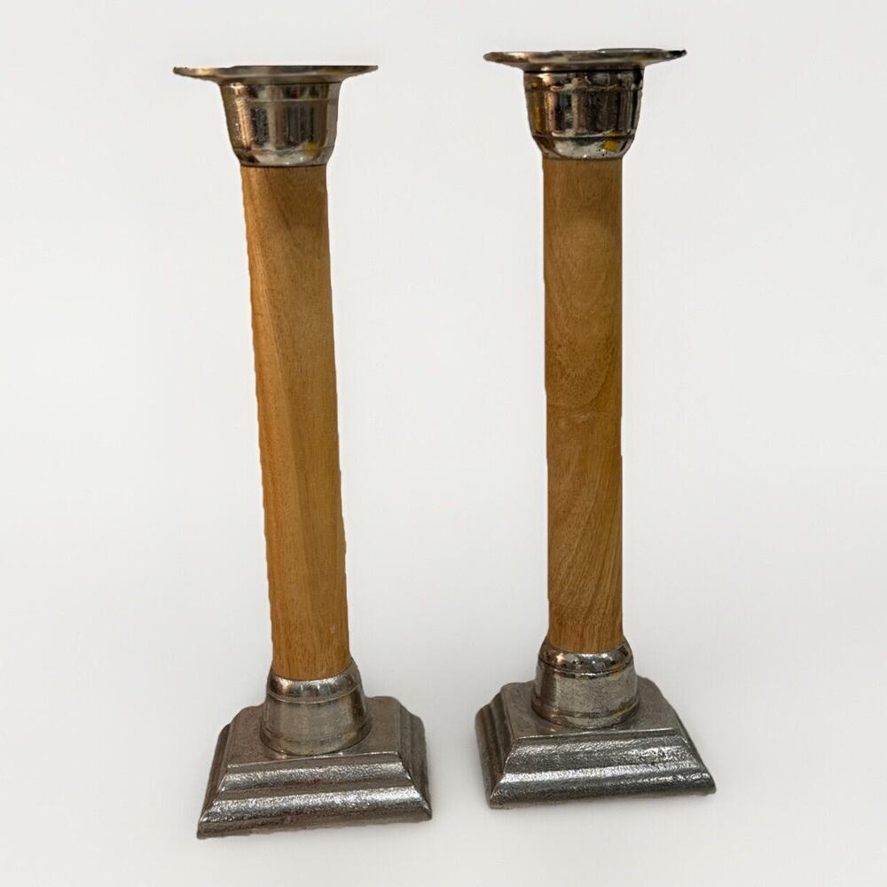 Pair‎ Of MCM Traditional Stainless Steel Candle Sticks Wood Post Felted Bottom